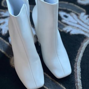 SHEIN white leather boots with rhinestone heel